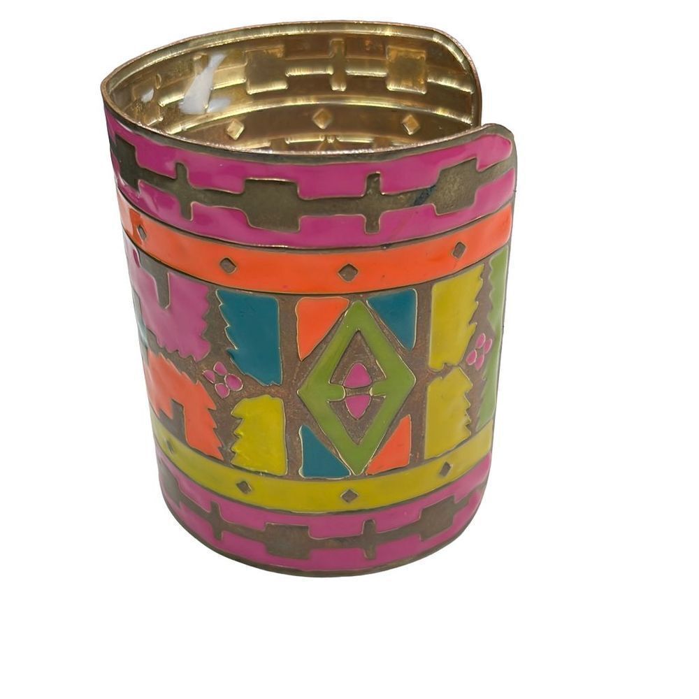 Enamel Tribal Painted Native American Inspired Wide Cuff Bracelet - Picture 3 of 4